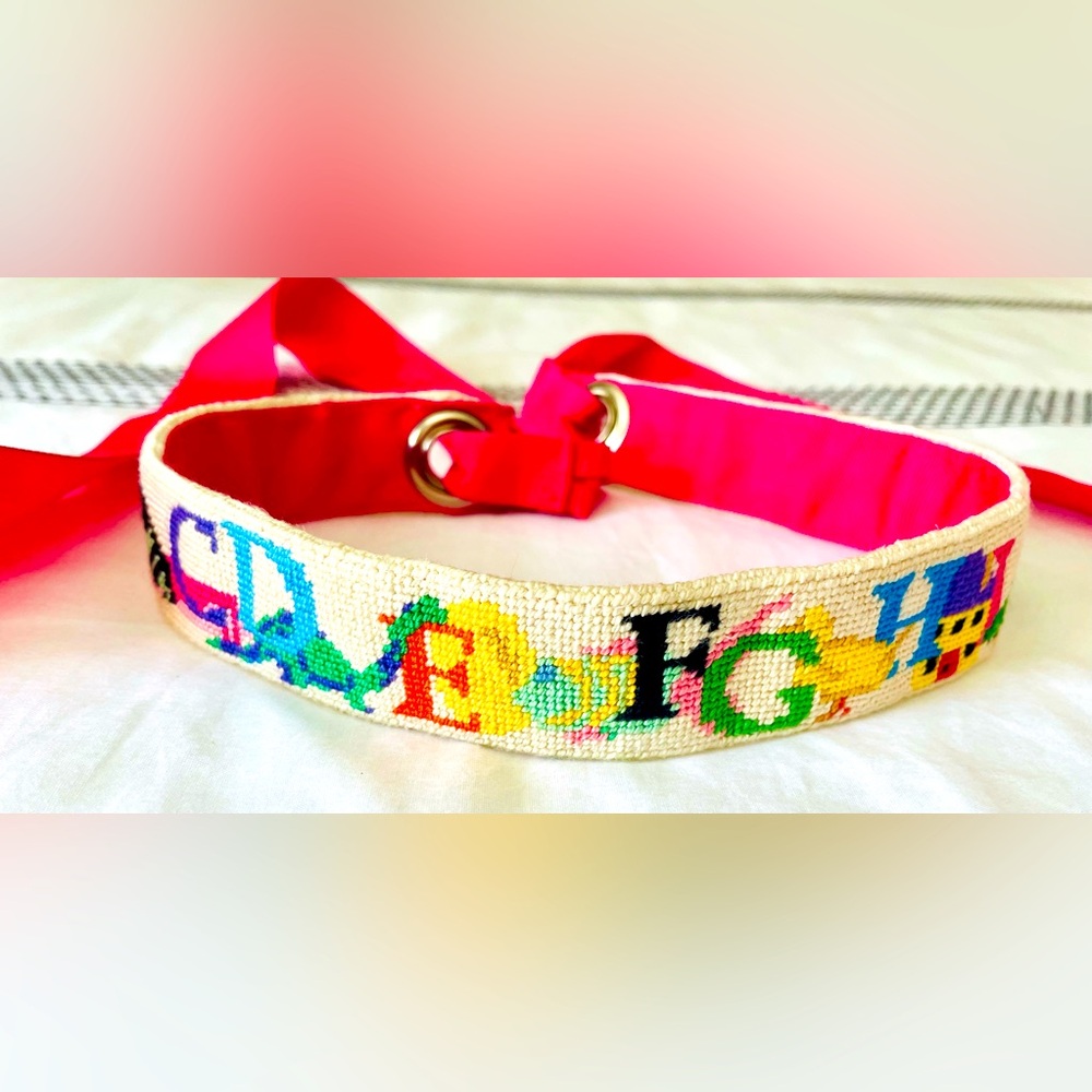 Girls’ Handmade Alphabet Needlepoint Ribbon Tie Belt 20”